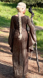 Back lacing of the elven dress worn on a woodland path