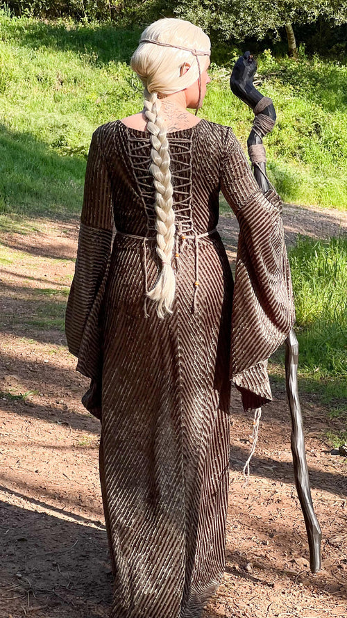 Back lacing of the elven dress worn on a woodland path