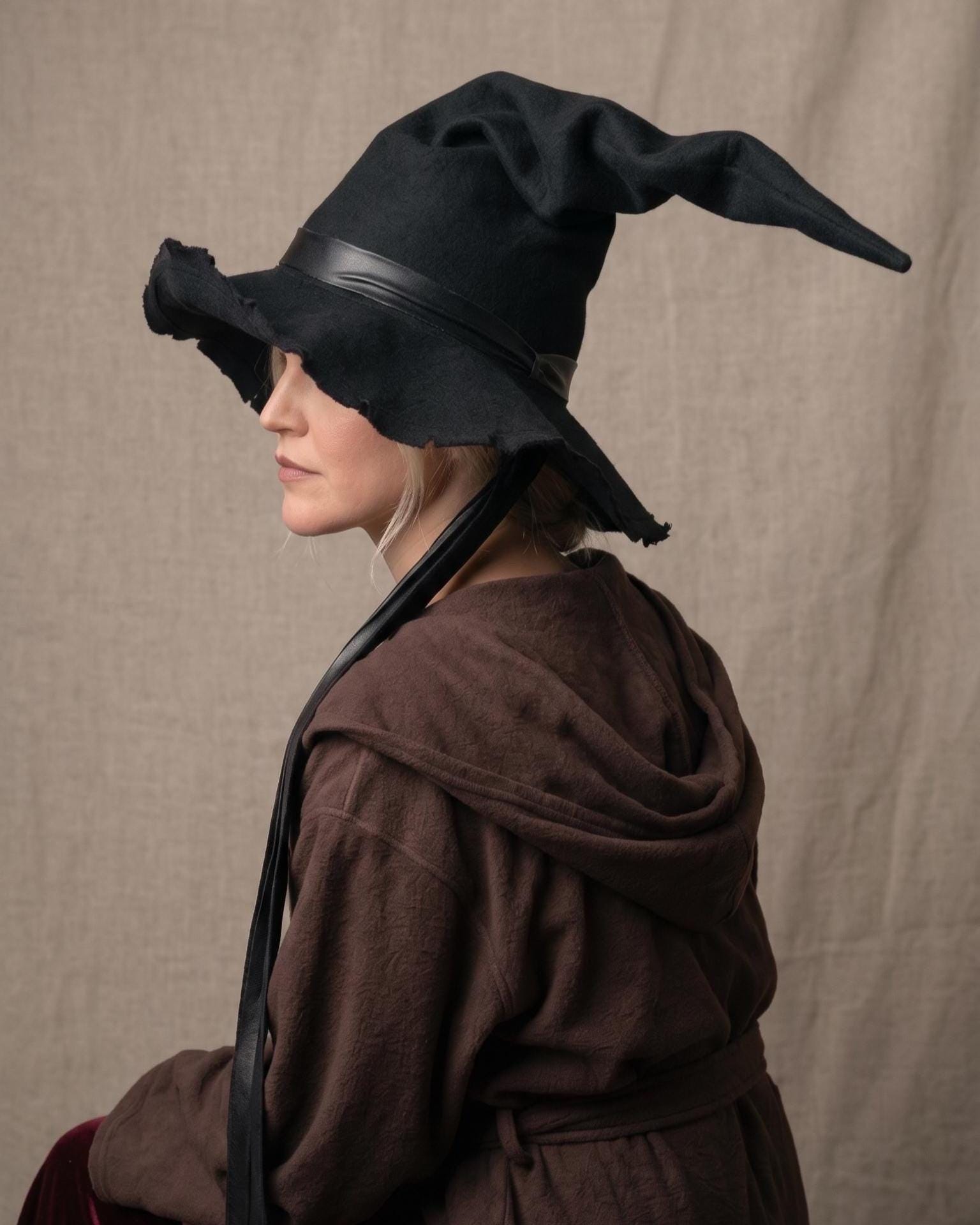 Handmade Black Pointed Witch Hat | Frayed Edge, Ribbon Accents, Gothic Costume