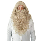 Blond beard and wig set worn over a white shirt