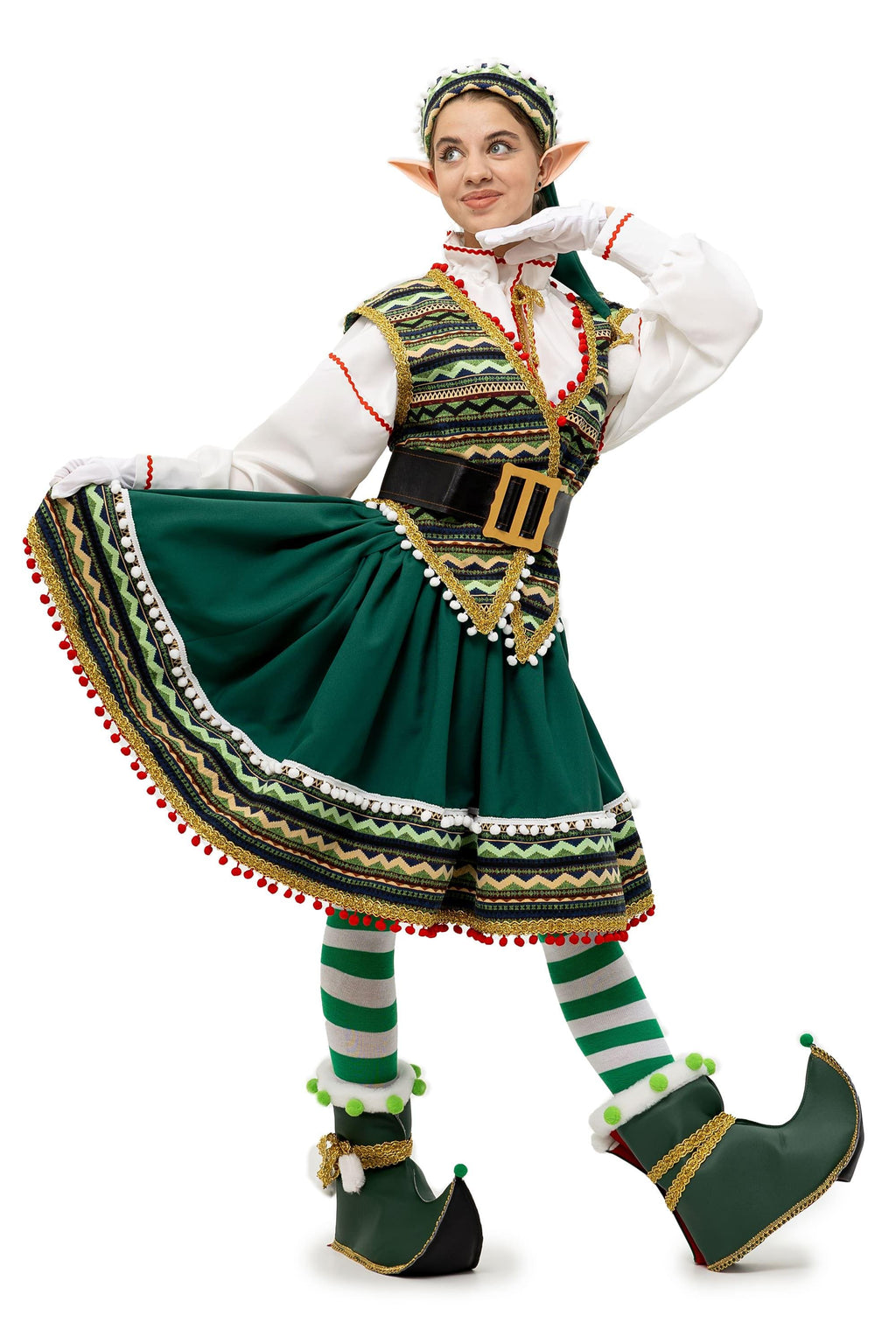 Woman in the green folk elf costume with the skirt in motion
