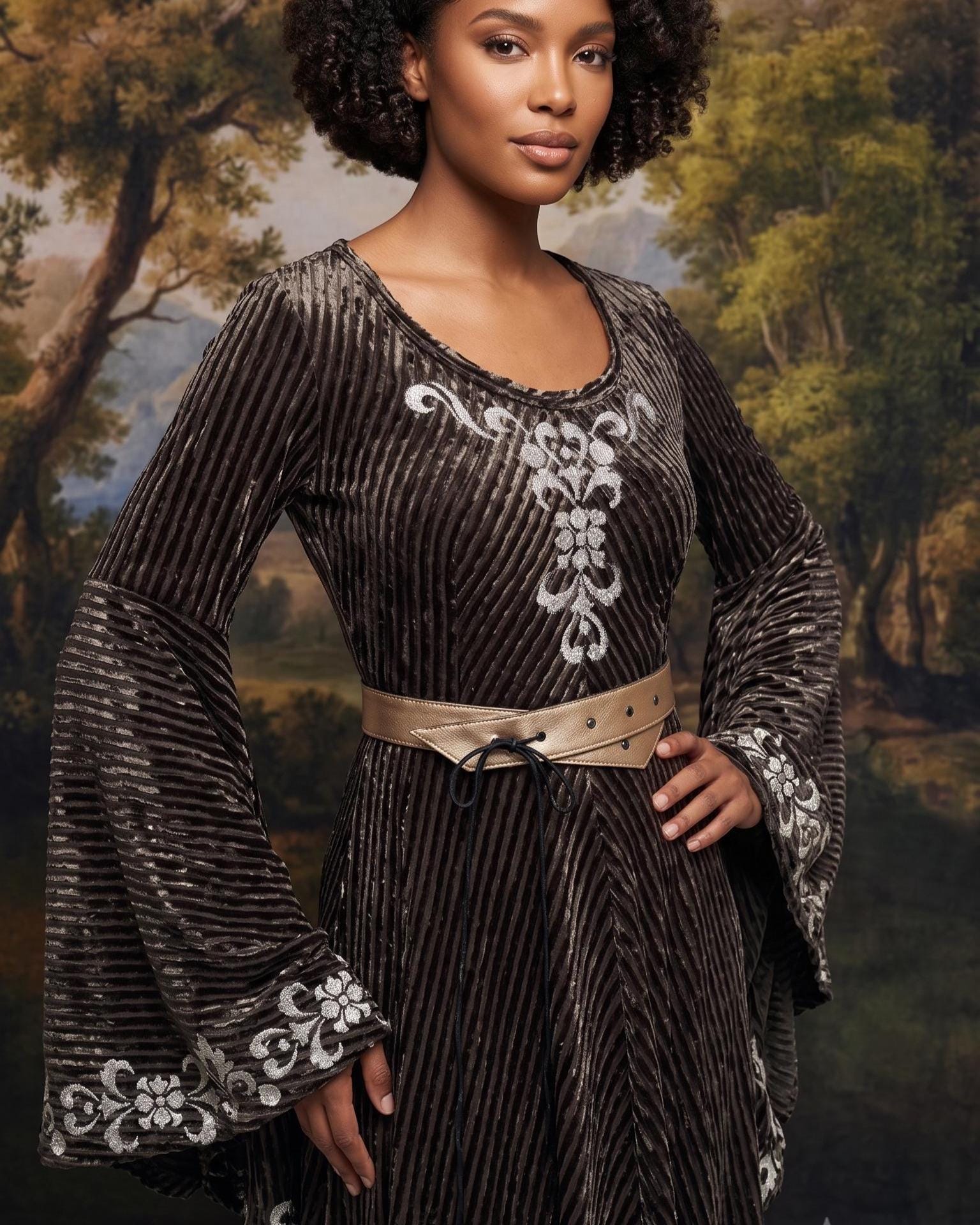 Sage Green Velvet Medieval Dress | Bell Sleeves, Lace-Up Corset Back, Elven Costume