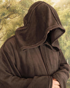 Close-up of the oversized hood on the brown fleece robe