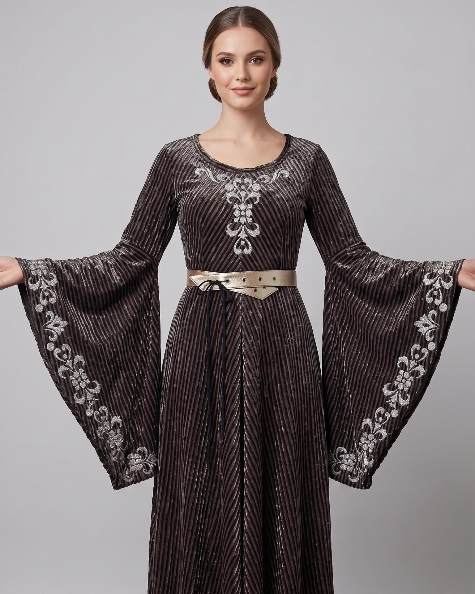 Sage Green Velvet Medieval Dress | Bell Sleeves, Lace-Up Corset Back, Elven Costume