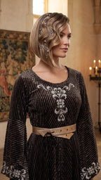 Close-up of the silver appliqué on the bodice of the sage gown