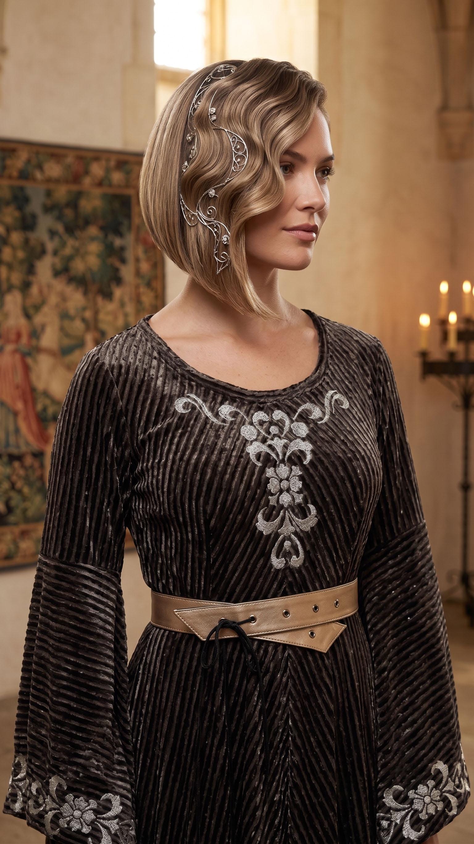 Sage Green Velvet Medieval Dress | Bell Sleeves, Lace-Up Corset Back, Elven Costume