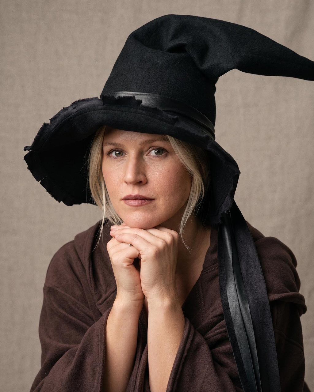 Handmade Black Pointed Witch Hat | Frayed Edge, Ribbon Accents, Gothic Costume