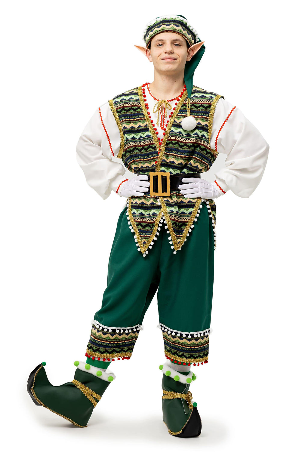 Green elf costume from the front with cap, belt and curled shoes