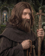 Brown beard and wig worn with a cowl and a wooden staff