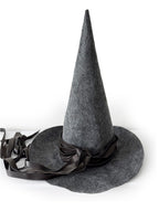 Grey felt wizard hat upright, showing the tall pointed peak