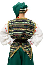 Back of the green elf costume with pointed cap and tapestry vest