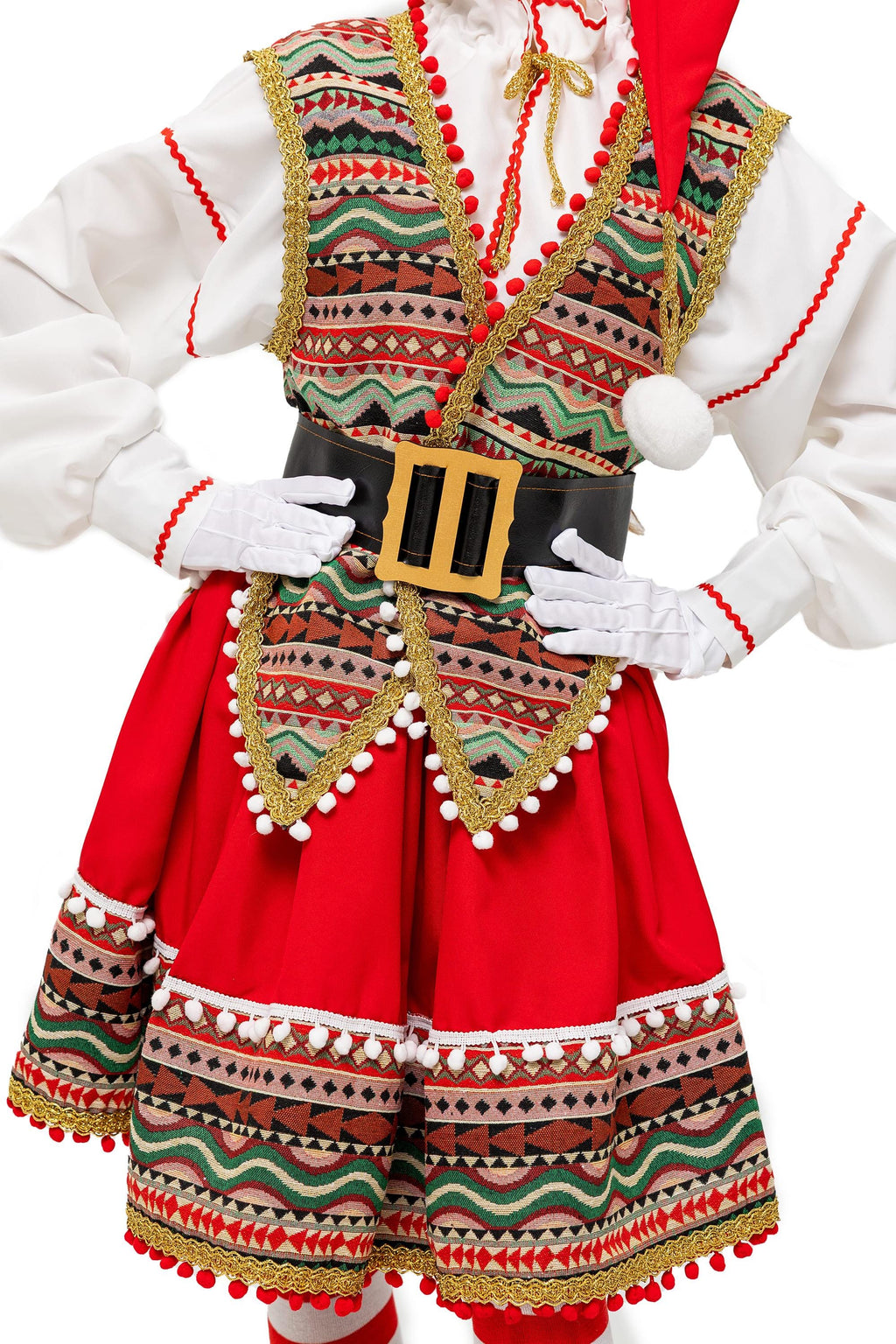 Handmade Folk Elf Costume Women, Red Green Holiday Dress, Christmas Party Cosplay Set
