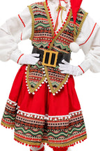 Detail of the red elf skirt trim, buckle belt and tapestry vest