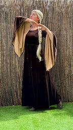 Brown stretch velvet medieval dress with gold-lined bell sleeves