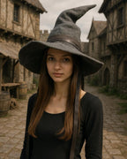 Woman wearing the grey felt hat in a medieval village street