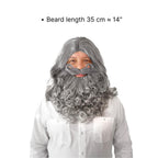 Short 35 cm grey beard with the matching wig on a white shirt