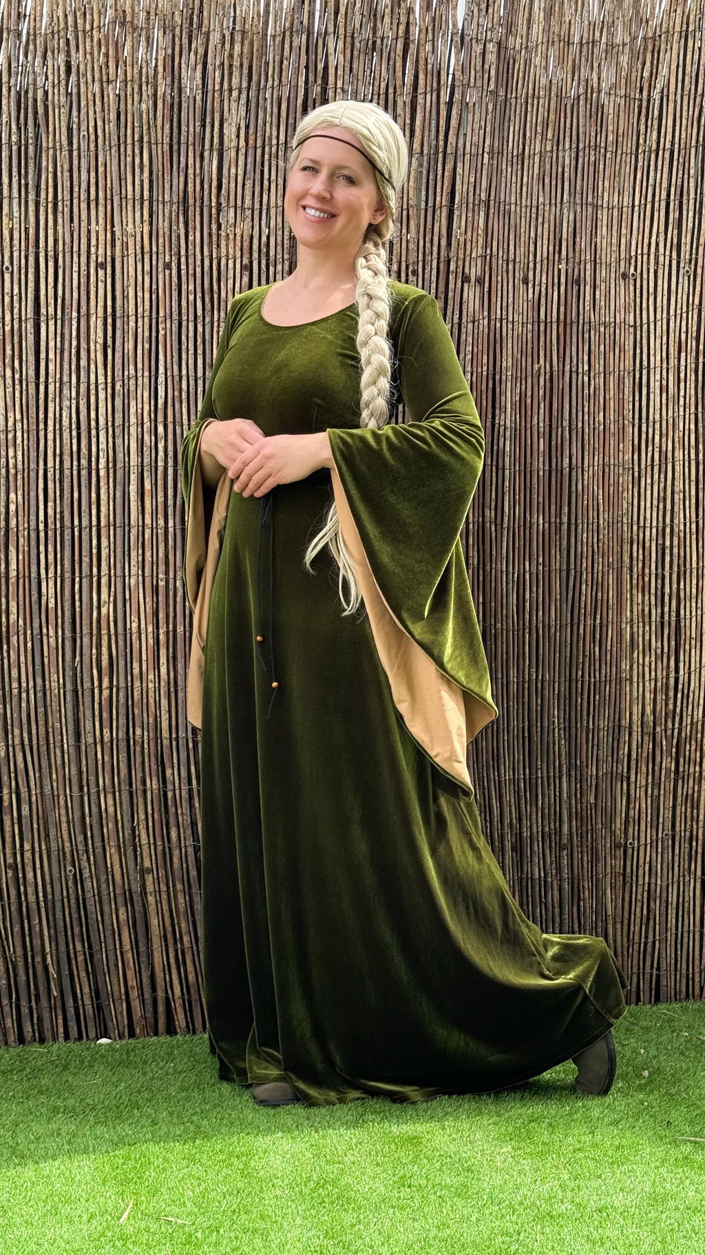 Olive green stretch velvet medieval dress with bell sleeves