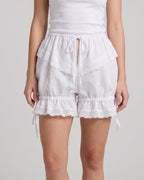Woman wearing the white cotton bloomers with lace-trimmed legs
