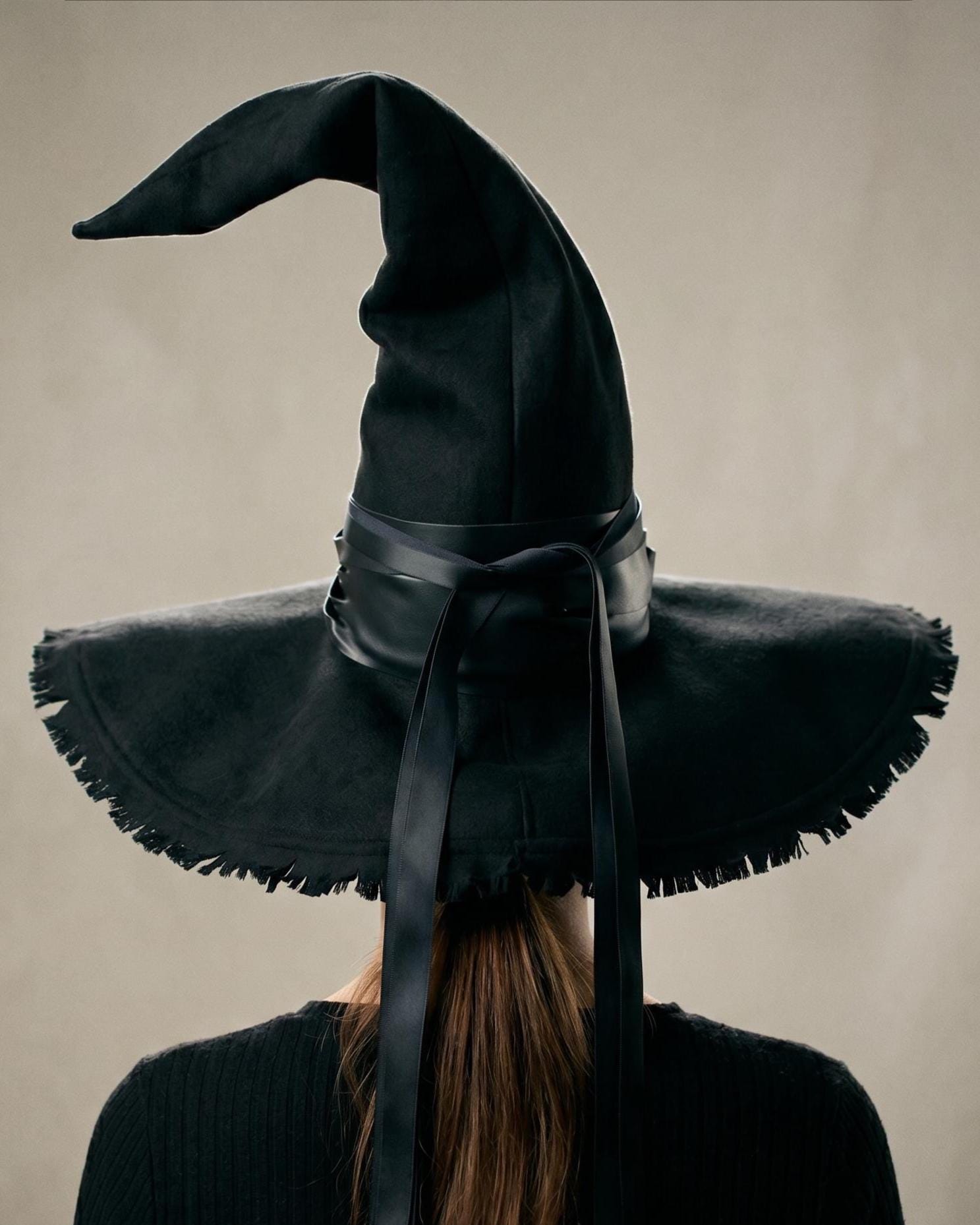Handmade Black Pointed Witch Hat | Frayed Edge, Ribbon Accents, Gothic Costume