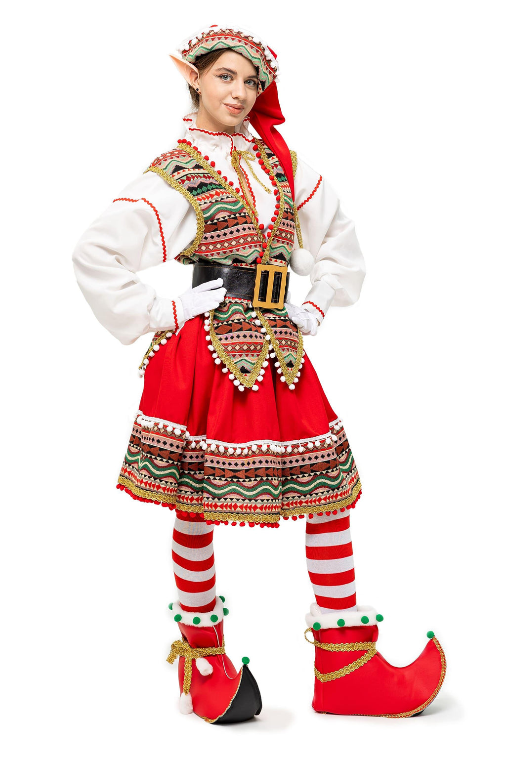 Handmade Folk Elf Costume Women, Red Green Holiday Dress, Christmas Party Cosplay Set