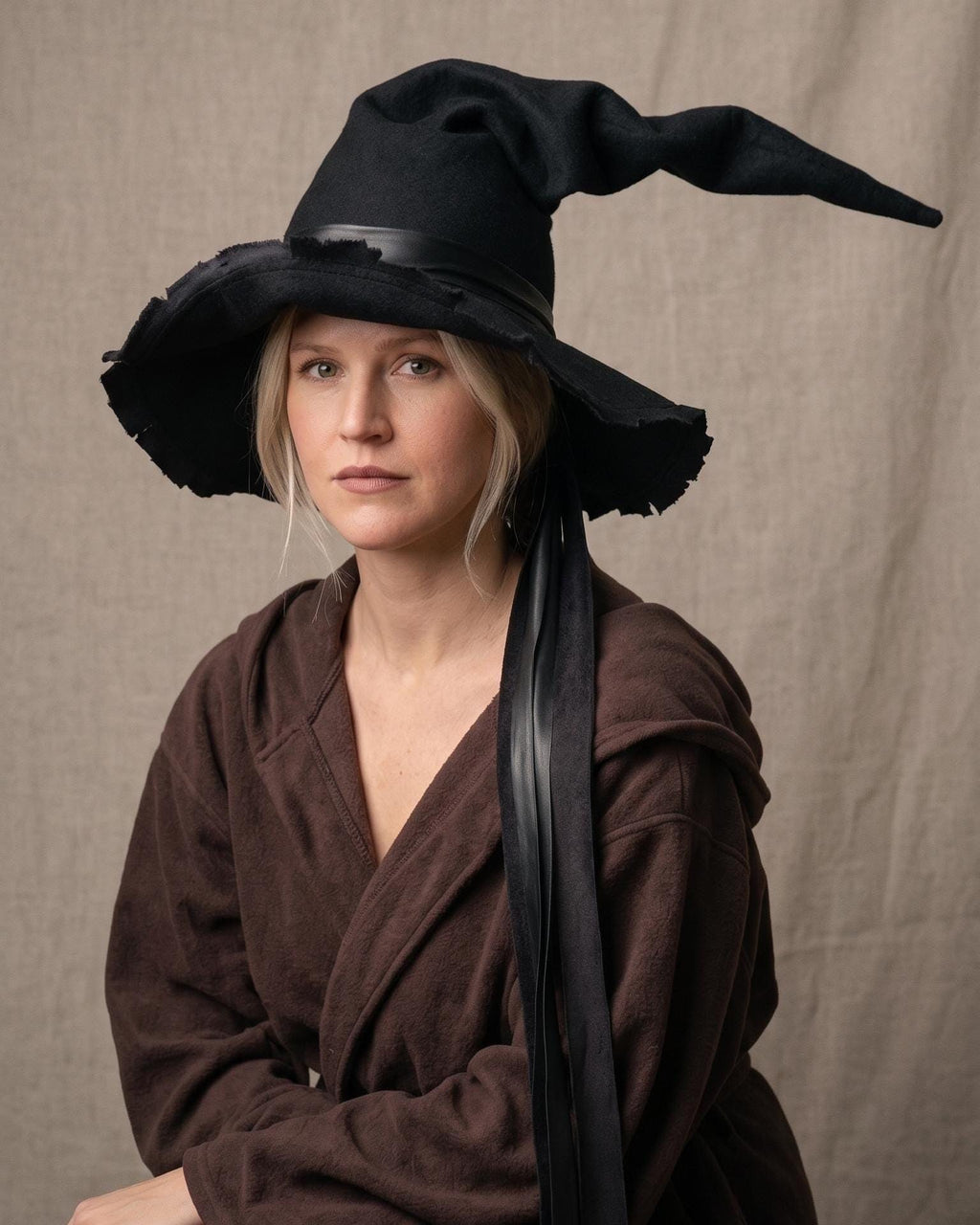Handmade Black Pointed Witch Hat | Frayed Edge, Ribbon Accents, Gothic Costume