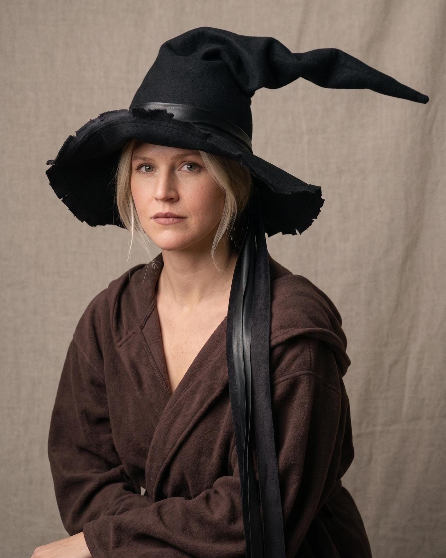 Handmade Black Pointed Witch Hat | Frayed Edge, Ribbon Accents, Gothic Costume