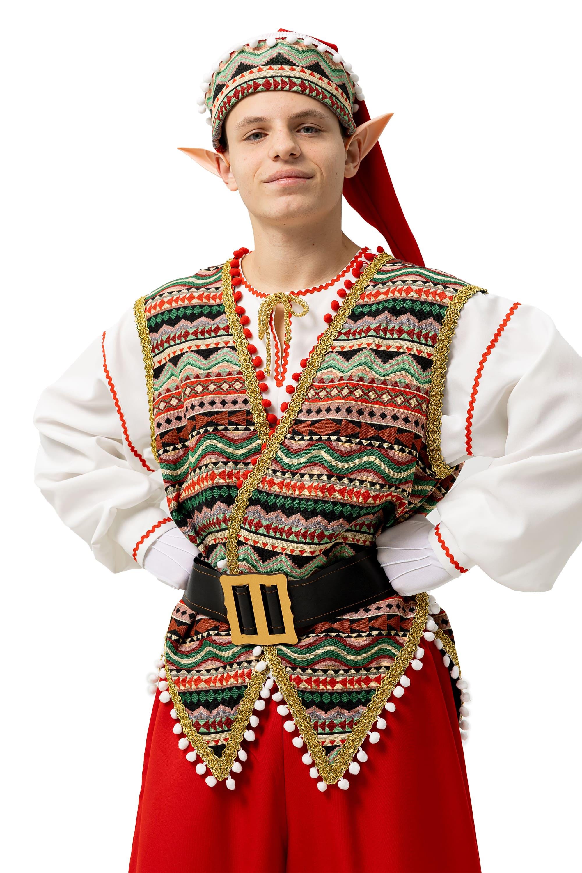 Men's Handmade Christmas Elf Costume, Folk Santa Helper Outfit, Red Green Cosplay Set