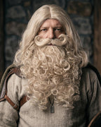 Blond beard and wig worn with a Viking tunic and fur mantle