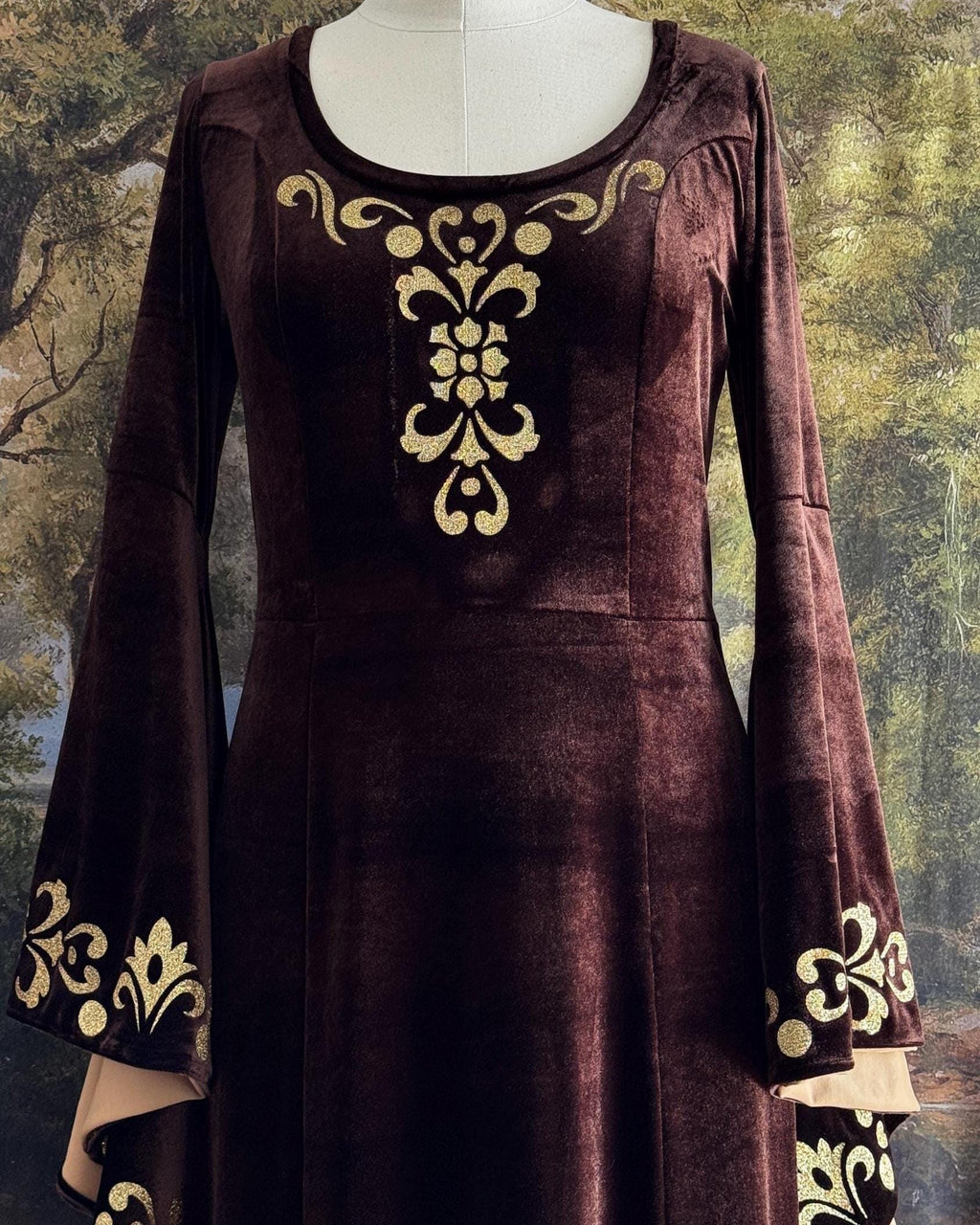 Brown Velvet Medieval Dress with Bell Sleeves and Gold Trim | Elven Cosplay Costume