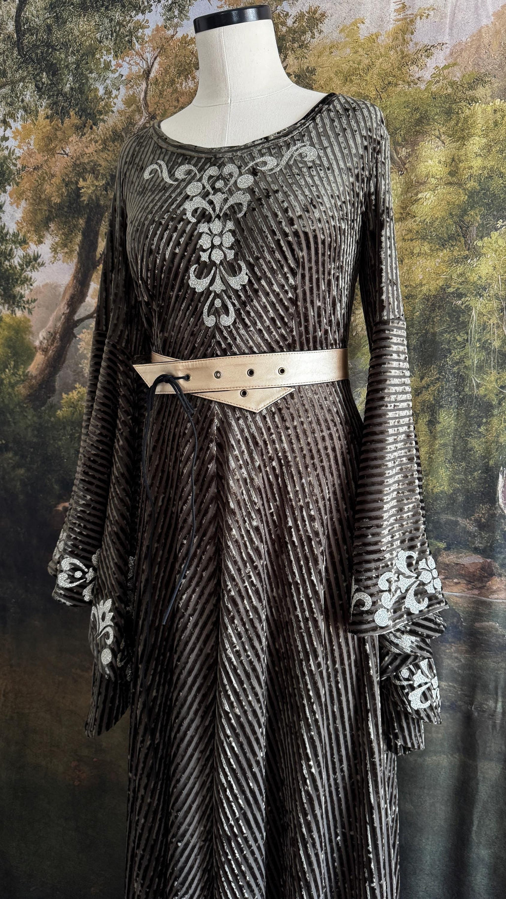 Sage Green Velvet Medieval Dress | Bell Sleeves, Lace-Up Corset Back, Elven Costume