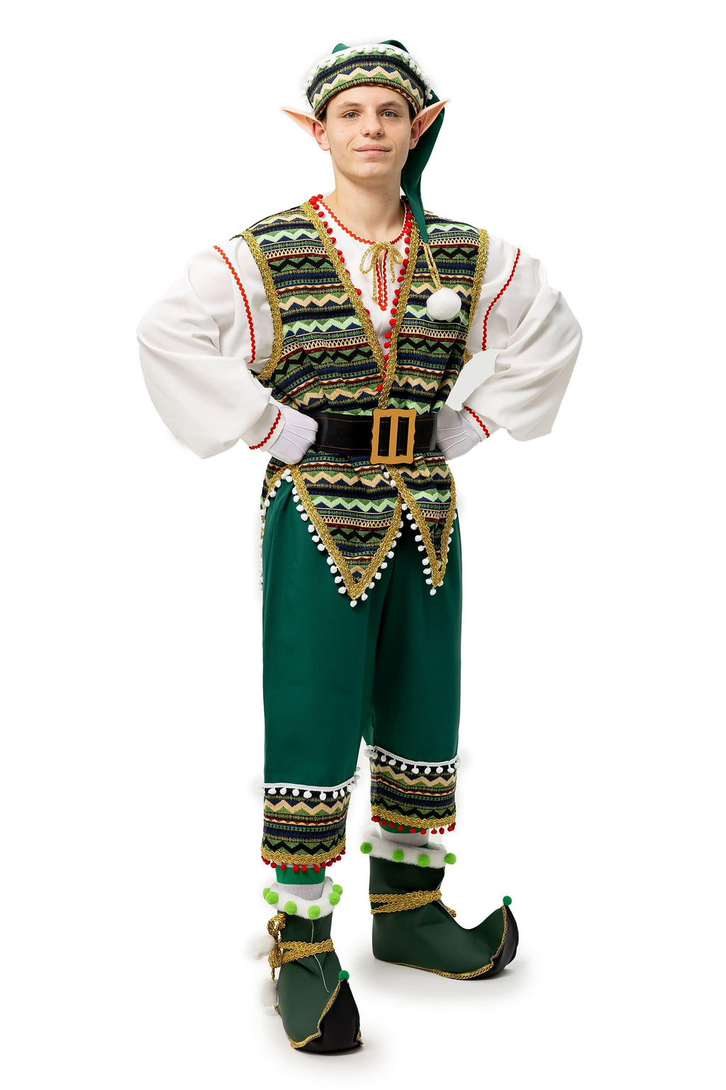 Men's Handmade Christmas Elf Costume, Folk Santa Helper Outfit, Red Green Cosplay Set
