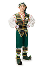 Man in the green folk elf costume with a tapestry vest