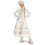 Ivory velvet Mrs. Claus outfit worn with hands on hips