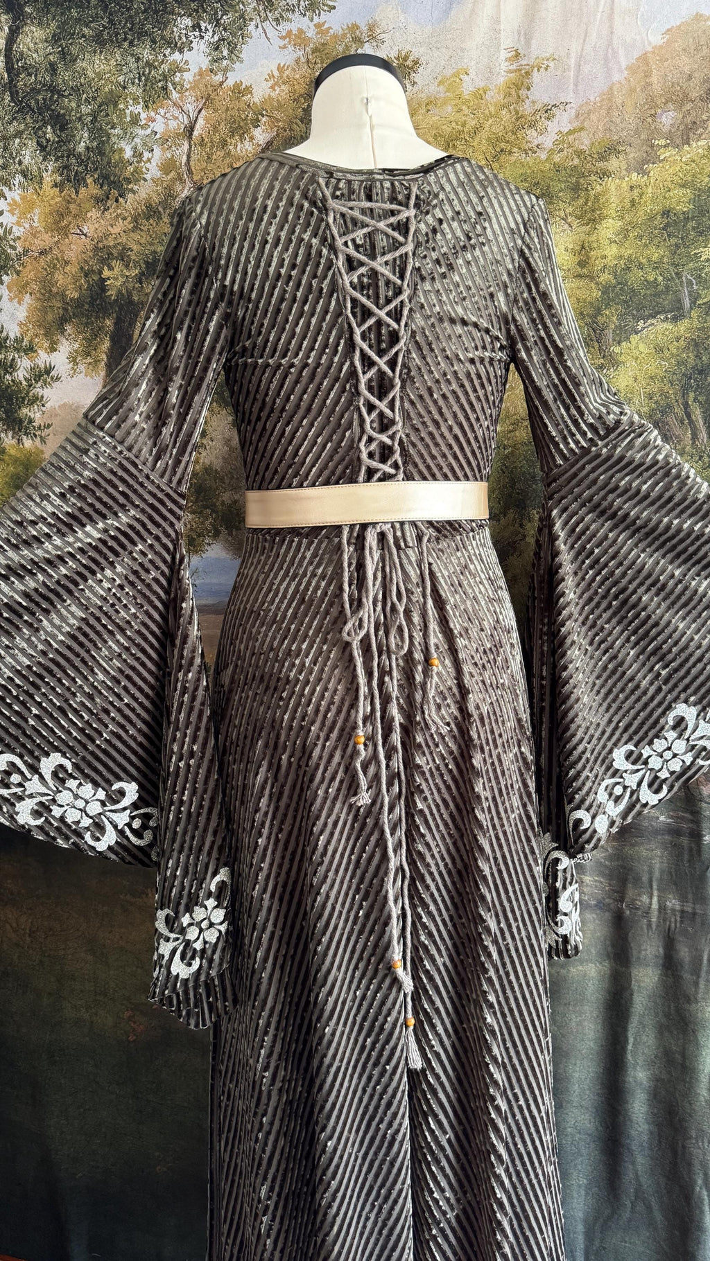 Sage Green Velvet Medieval Dress | Bell Sleeves, Lace-Up Corset Back, Elven Costume