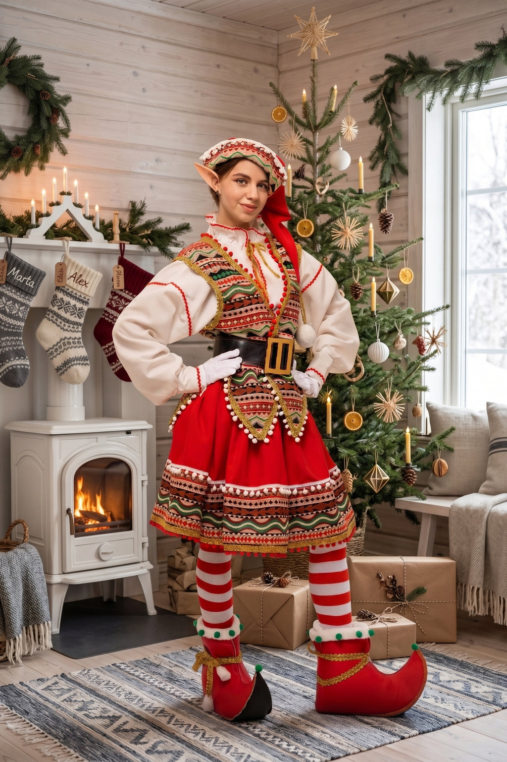 Handmade Folk Elf Costume Women, Red Green Holiday Dress, Christmas Party Cosplay Set