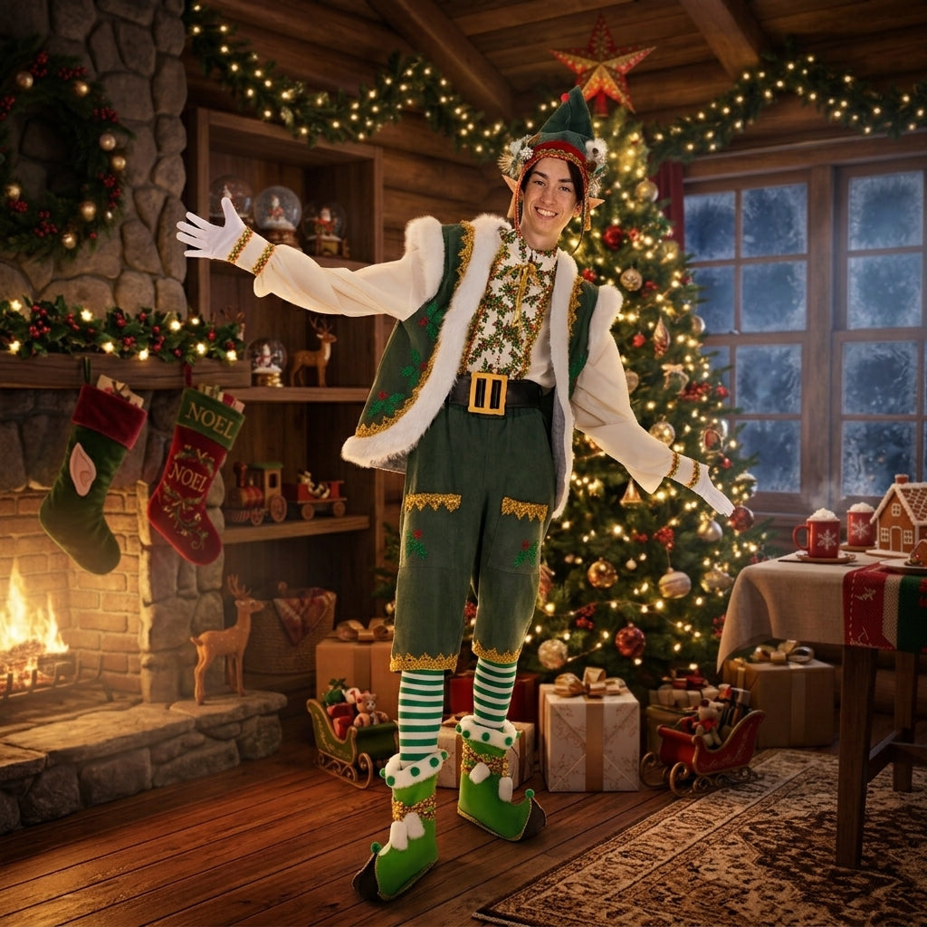 Handmade Green Elf Costume Set: Christmas Party Santa Residence (M-L)