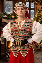 Men's Handmade Christmas Elf Costume, Folk Santa Helper Outfit, Red Green Cosplay Set
