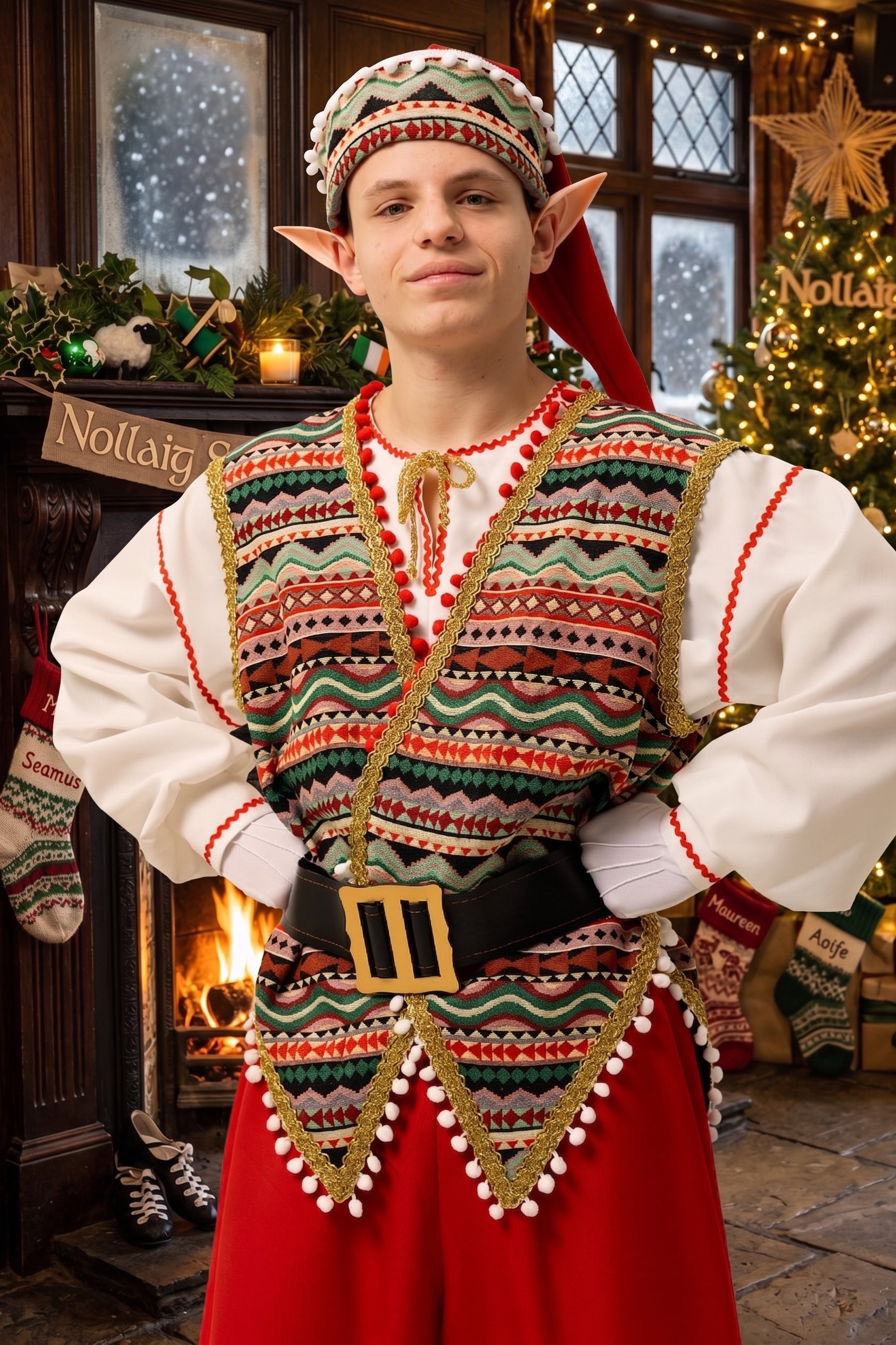Men's Handmade Christmas Elf Costume, Folk Santa Helper Outfit, Red Green Cosplay Set