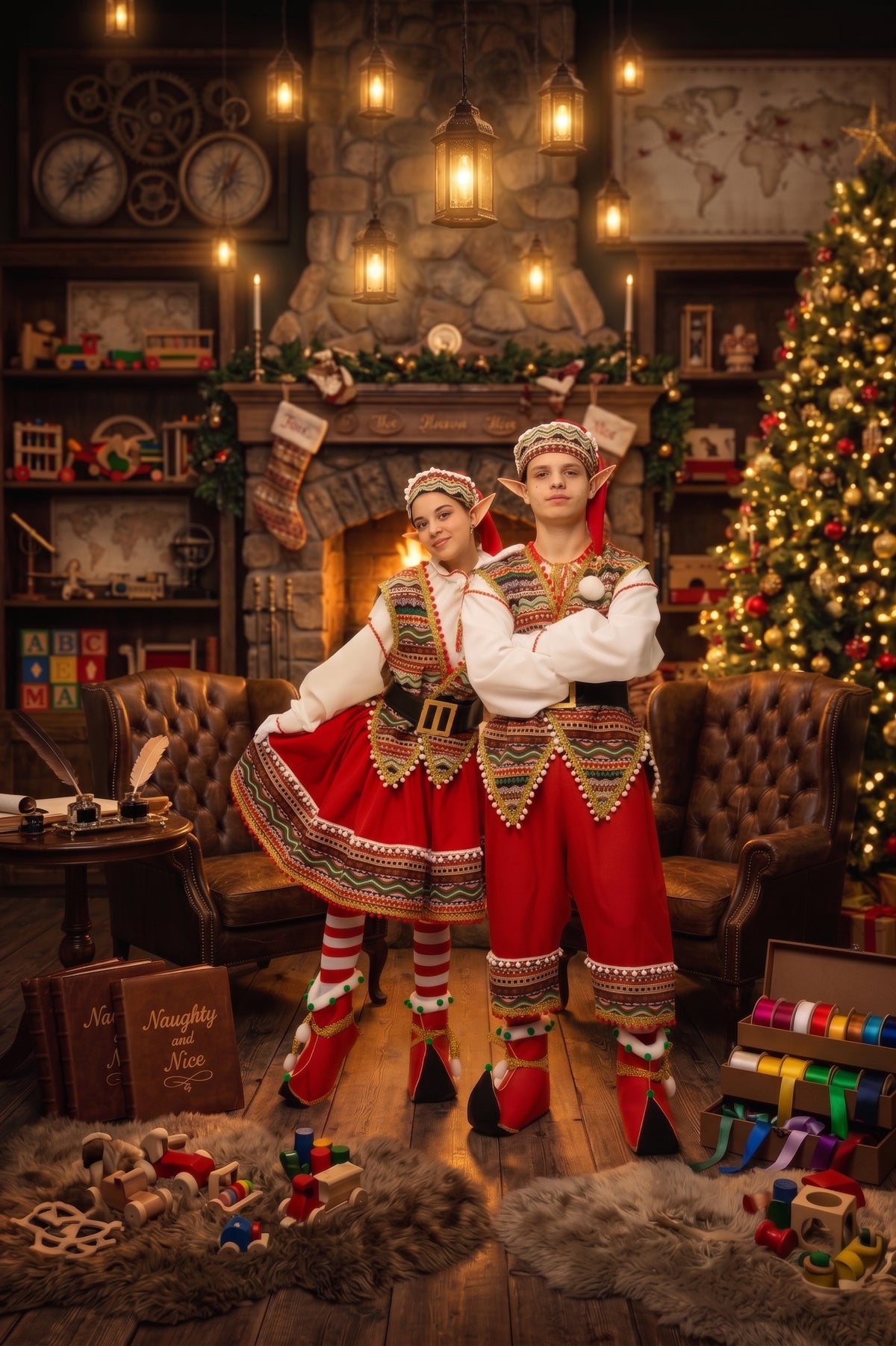 Men's Handmade Christmas Elf Costume, Folk Santa Helper Outfit, Red Green Cosplay Set
