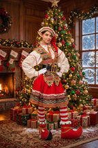 Handmade Folk Elf Costume Women, Red Green Holiday Dress, Christmas Party Cosplay Set