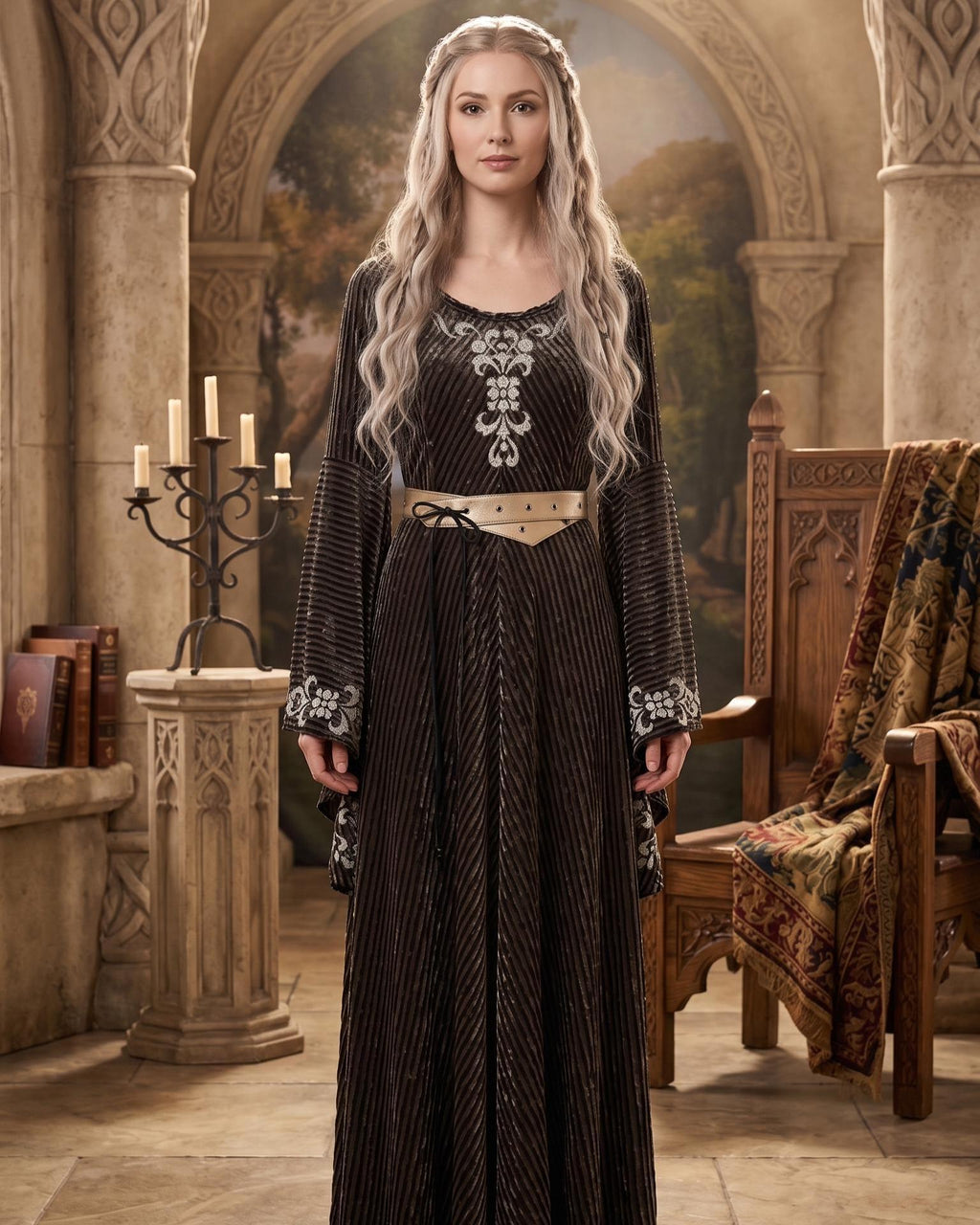Sage Green Velvet Medieval Dress | Bell Sleeves, Lace-Up Corset Back, Elven Costume