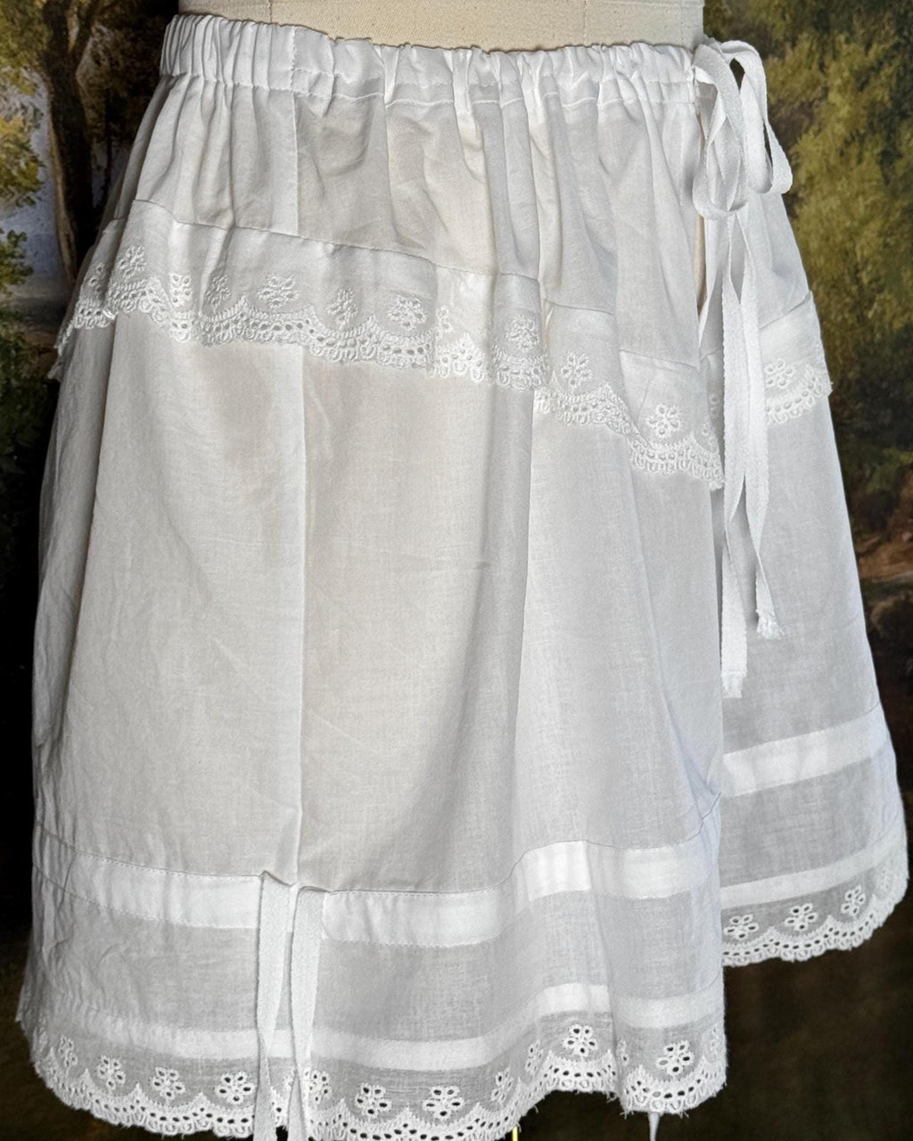 Side view of the bloomers with the leg tie loosened