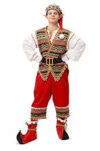 Man in the red folk elf costume with tapestry vest and belt