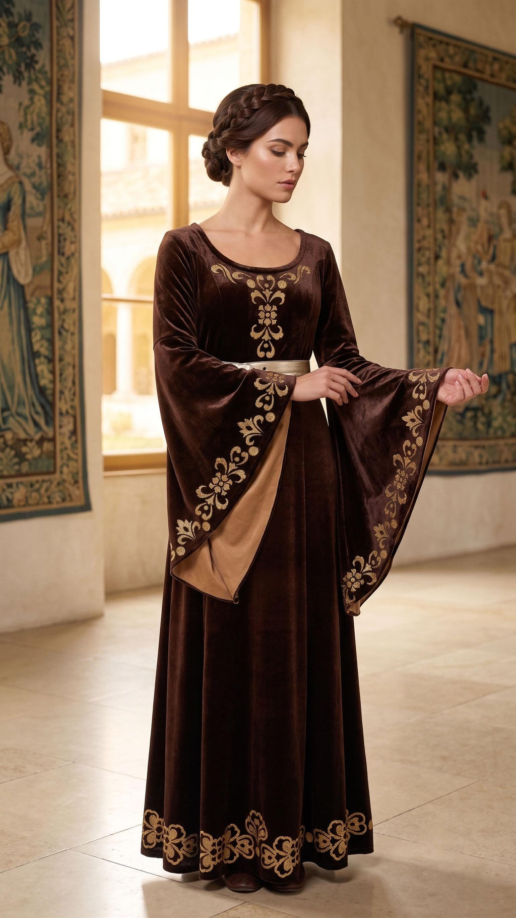 Brown Velvet Medieval Dress with Bell Sleeves and Gold Trim | Elven Cosplay Costume