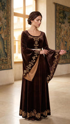 Full-length brown velvet dress with gold hem ornamentation