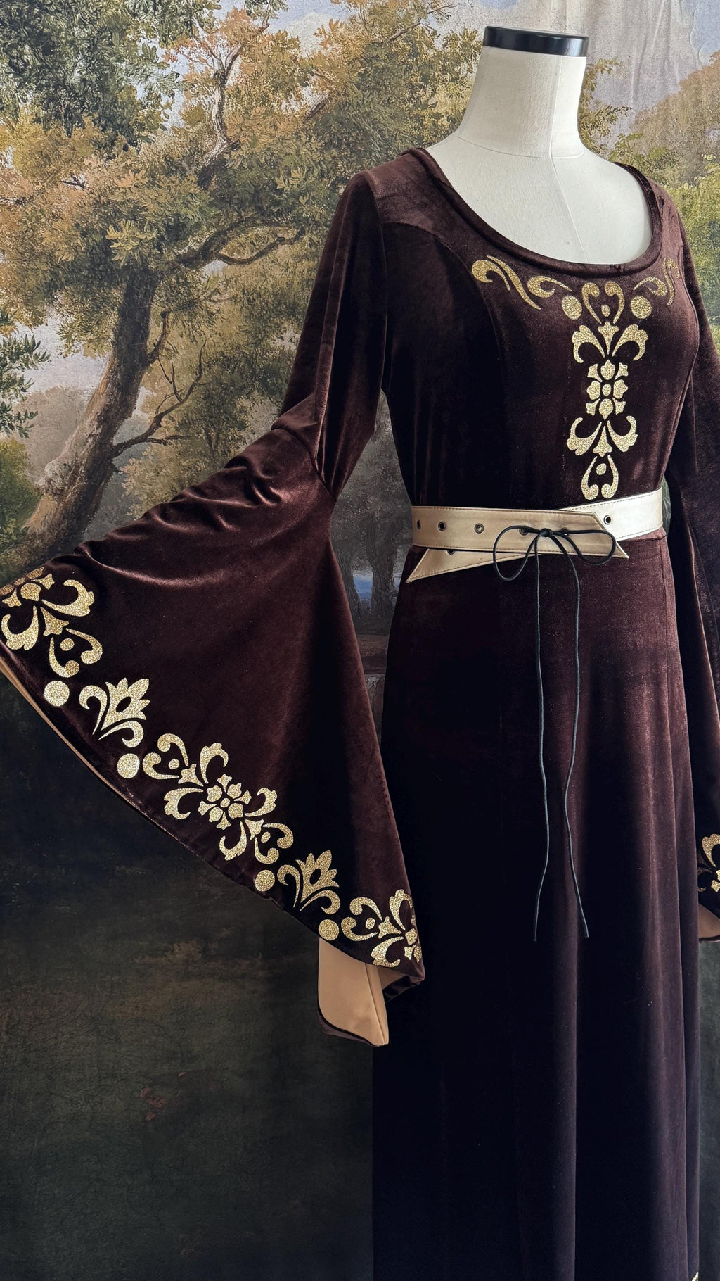 Brown Velvet Medieval Dress with Bell Sleeves and Gold Trim | Elven Cosplay Costume