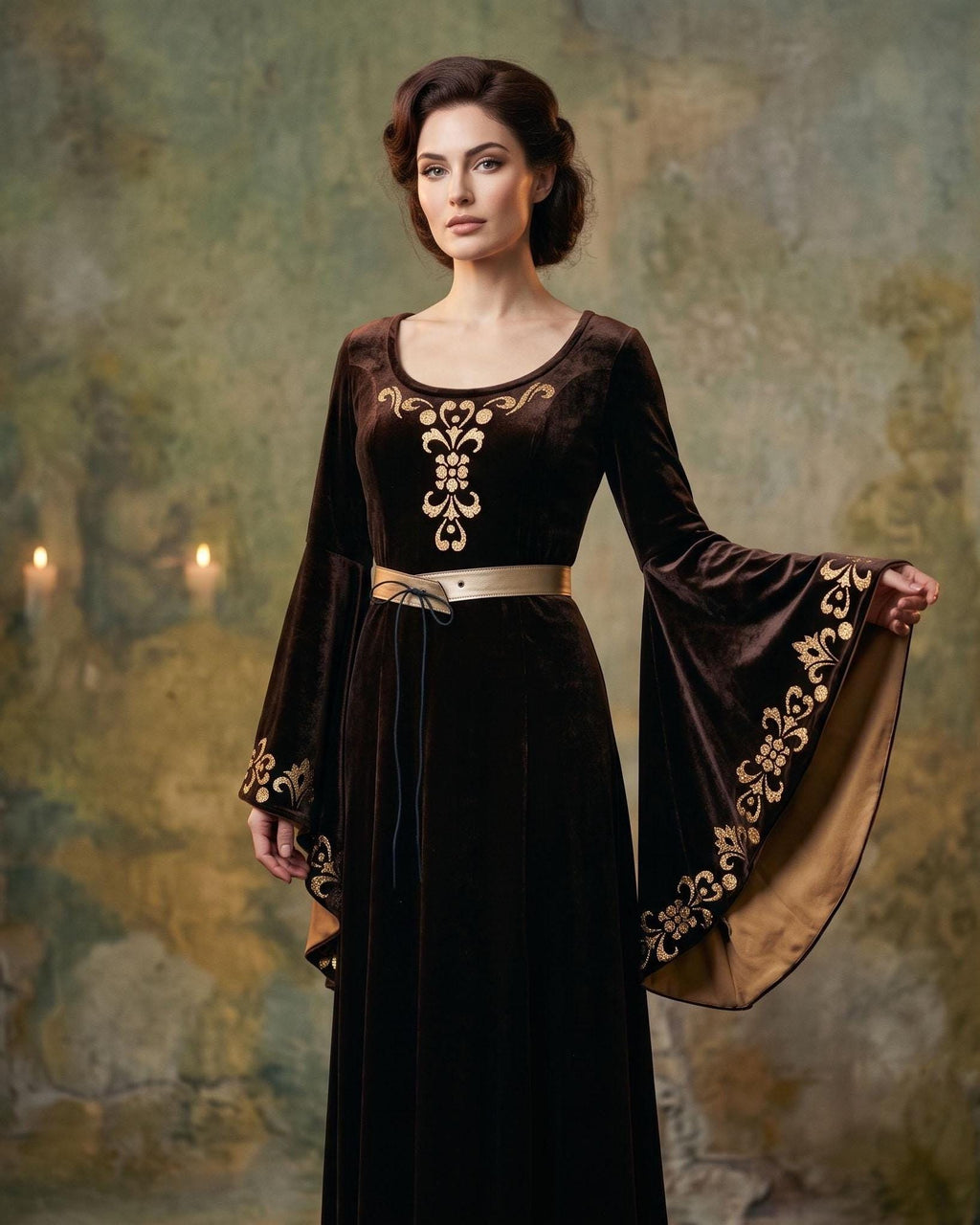 Brown Velvet Medieval Dress with Bell Sleeves and Gold Trim | Elven Cosplay Costume