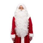 Full-length view of the white Santa beard on a red Santa costume