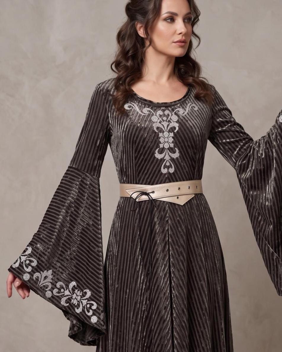 Sage Green Velvet Medieval Dress | Bell Sleeves, Lace-Up Corset Back, Elven Costume