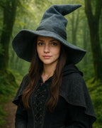 Woman in the grey wizard hat and a hooded cape in a green forest